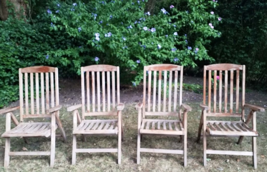 4 teakhouten tuinstoelen, Tuin en Terras, Ophalen, Gebruikt, Teakhout, Verstelbaar