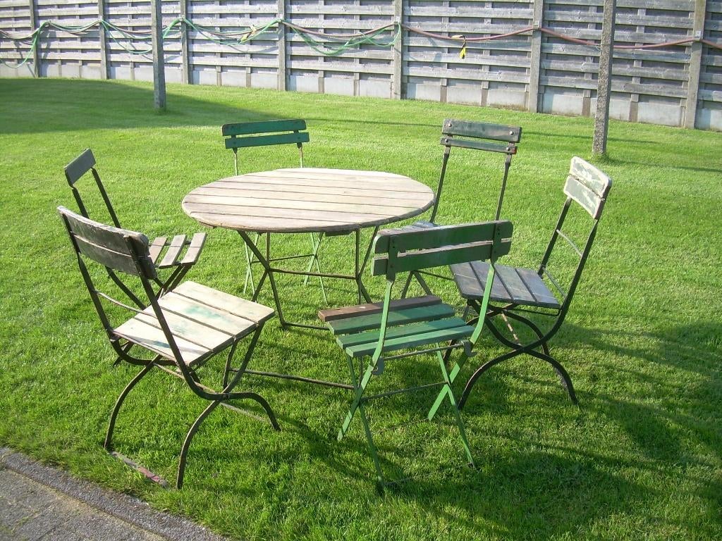 tuintafel rond en 6stoelen, 3lichstoelen, tuinkachel,, Ophalen, Gebruikt