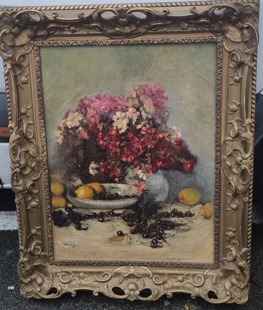 Huile sur toile fleurs signe Herman courtens, Antiek en Kunst, Ophalen, Bloemen, Doek