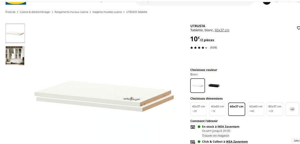 Tablettes blanches Utrusta pour armoires Ikea – 60 x 37 cm, Enlèvement, Neuf
