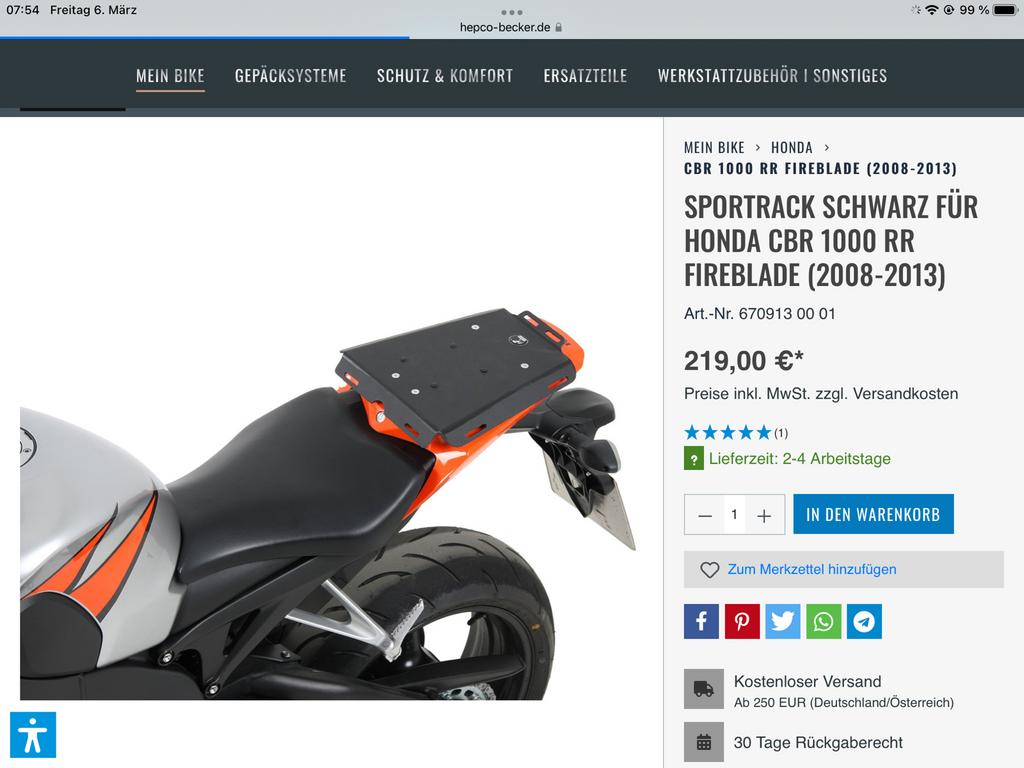 CBR1000RR SP BAGAGE PLAAT, Motoren, Onderdelen | Honda, Gebruikt, Ophalen of Verzenden