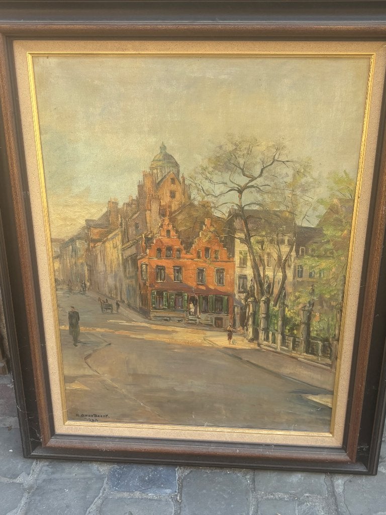 Hubert Op De Beeck -HST - Petit Sablon et rue aux Laines, Antiquités & Art, Art | Peinture | Classique, Enlèvement, Encadré, Toile