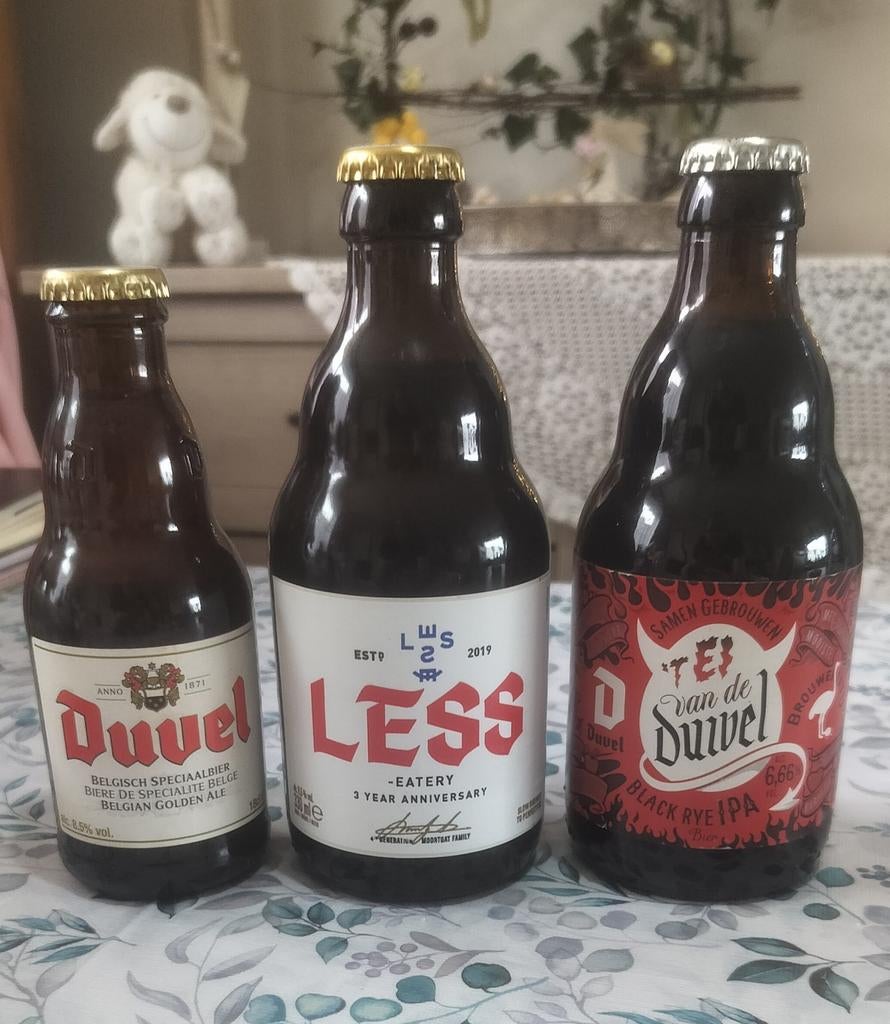 DUVEL, 3 COLLECTOR-flesjes 
LESS + de 25cl + 't EI vd Duvel, Verzamelen, Ophalen of Verzenden, Nieuw, Flesje(s), Duvel