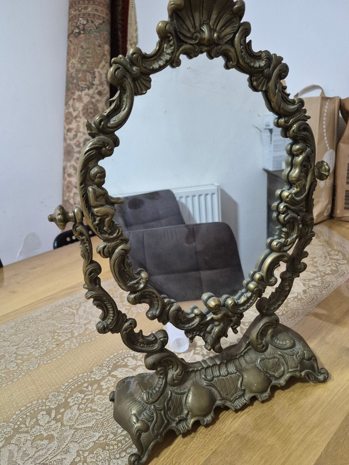 Antieke Bronzen Tafelspiegel met Barokke Ornamenten, Antiek en Kunst, Ophalen of Verzenden