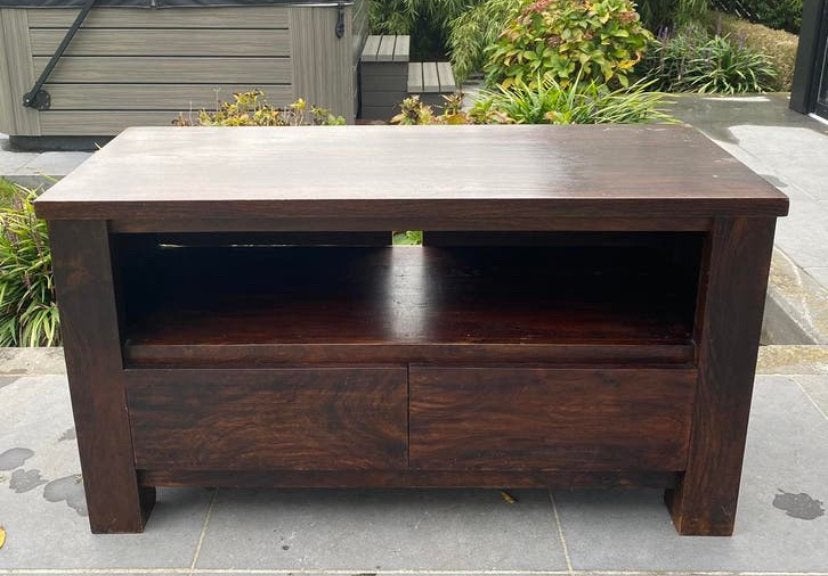 TV meubel in teak, donkerbruin, Ophalen, Gebruikt, 100 tot 150 cm, Teakhout