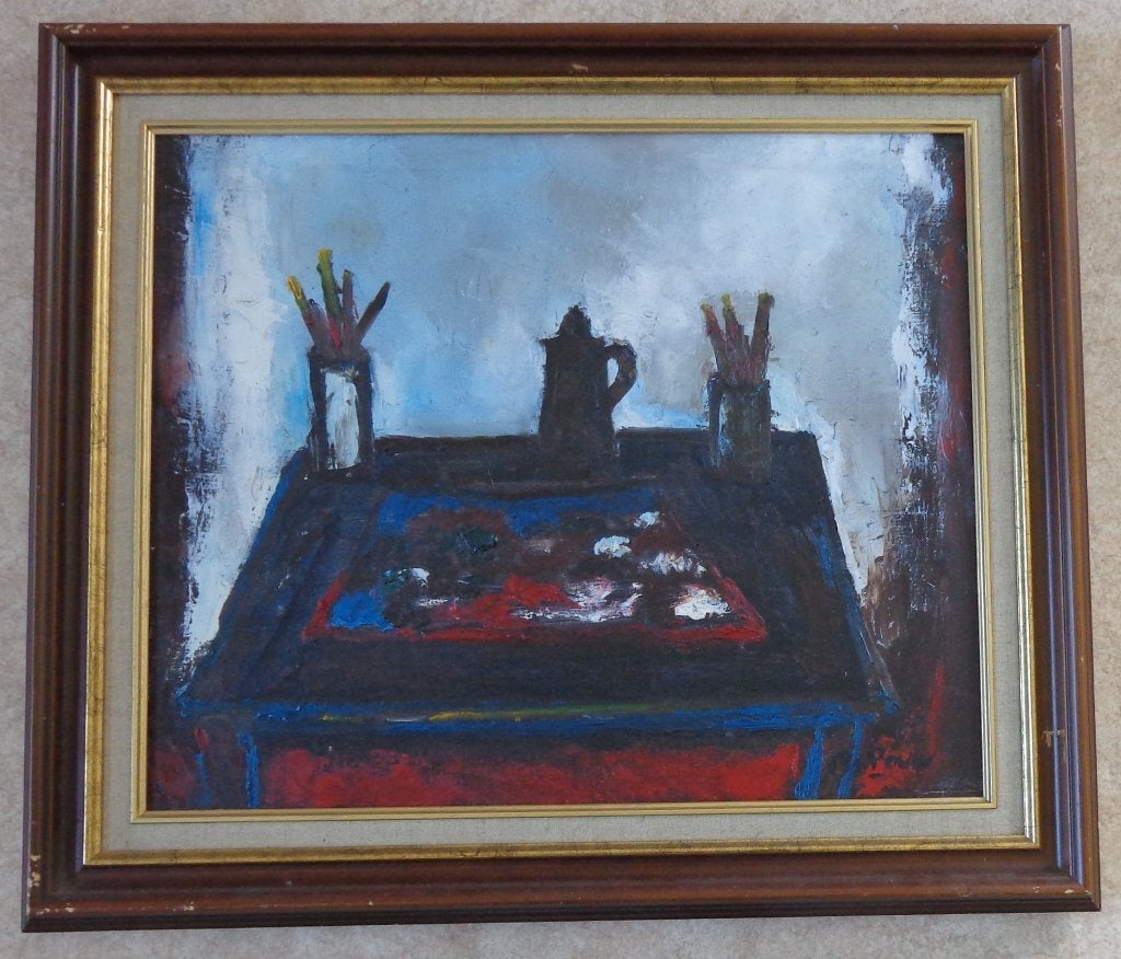 GABY DE PAUW / ATELIERZICHT / OLIEVERF DOEK / 65x75cm KADER, Enlèvement, Signé, Peinture à l'huile