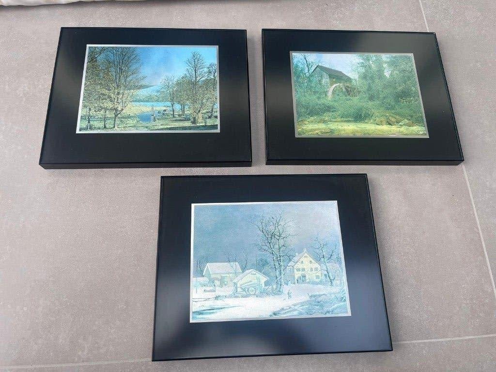 Set van 3 landschaps-schilderijtjes met metallic 3D effect, Antiek en Kunst, Kunst | Schilderijen | Klassiek, Ophalen of Verzenden