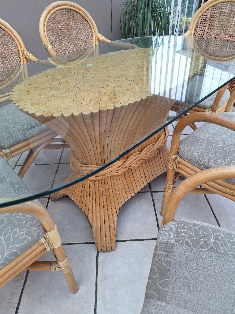 Rotan tafel en 6 stoelen, Tuin en Terras, Ophalen, Gebruikt, Rotan