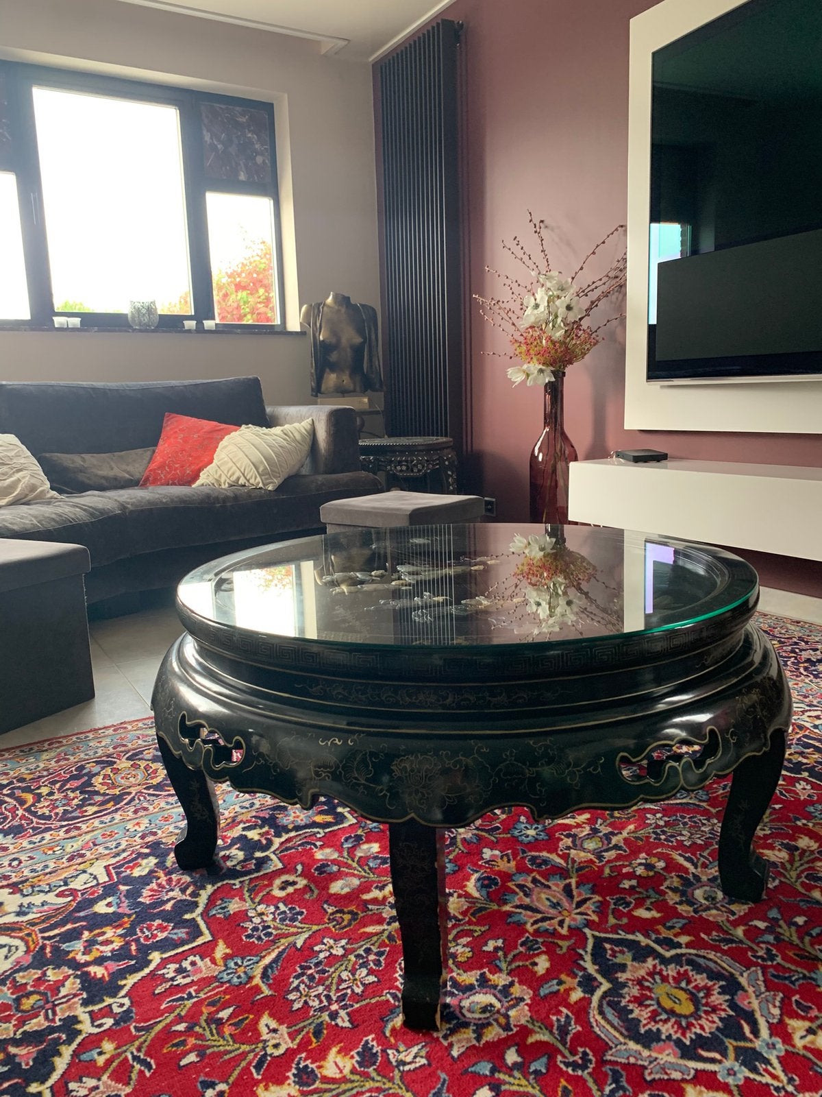 Table basse chinoise Jinlong - décors en nacre, Maison & Meubles, Rond, Enlèvement, Utilisé, 50 à 100 cm