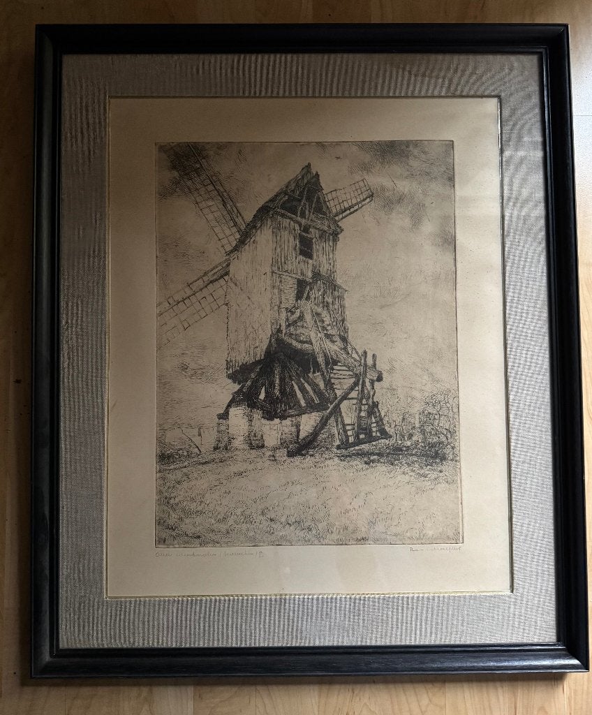 Ets met de oude windmolen Zeveneken van Romain Malfliet, Ingelijst, Architectuur, 60 cm, Ophalen of Verzenden