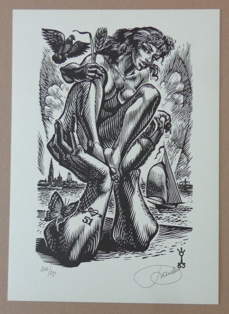 FRANK-IVO VAN DAMME / ALLEGORIE / ZW-W HOUTSNEDE / 36x26cm, Antiquités & Art, Art | Lithographies & Sérigraphies, Signé, Enlèvement ou Envoi