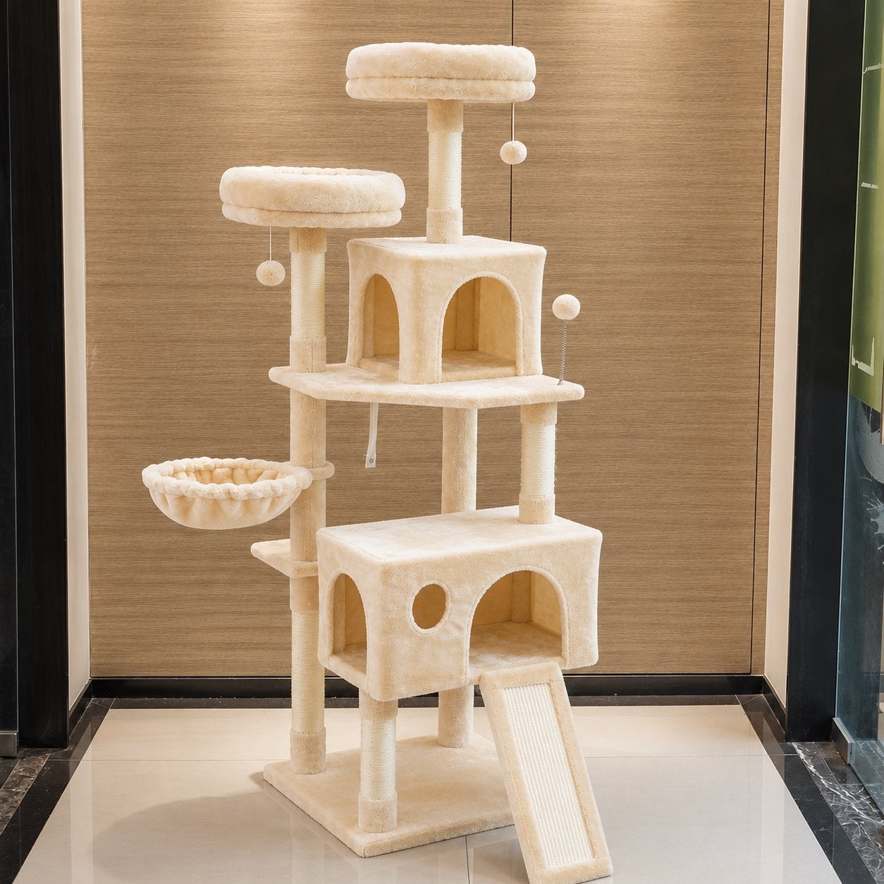 Stevige Kattenkrabpaal 162 cm – Met Hangmat, 2 Huisjes, Enlèvement ou Envoi, Comme neuf, Planche à gratter