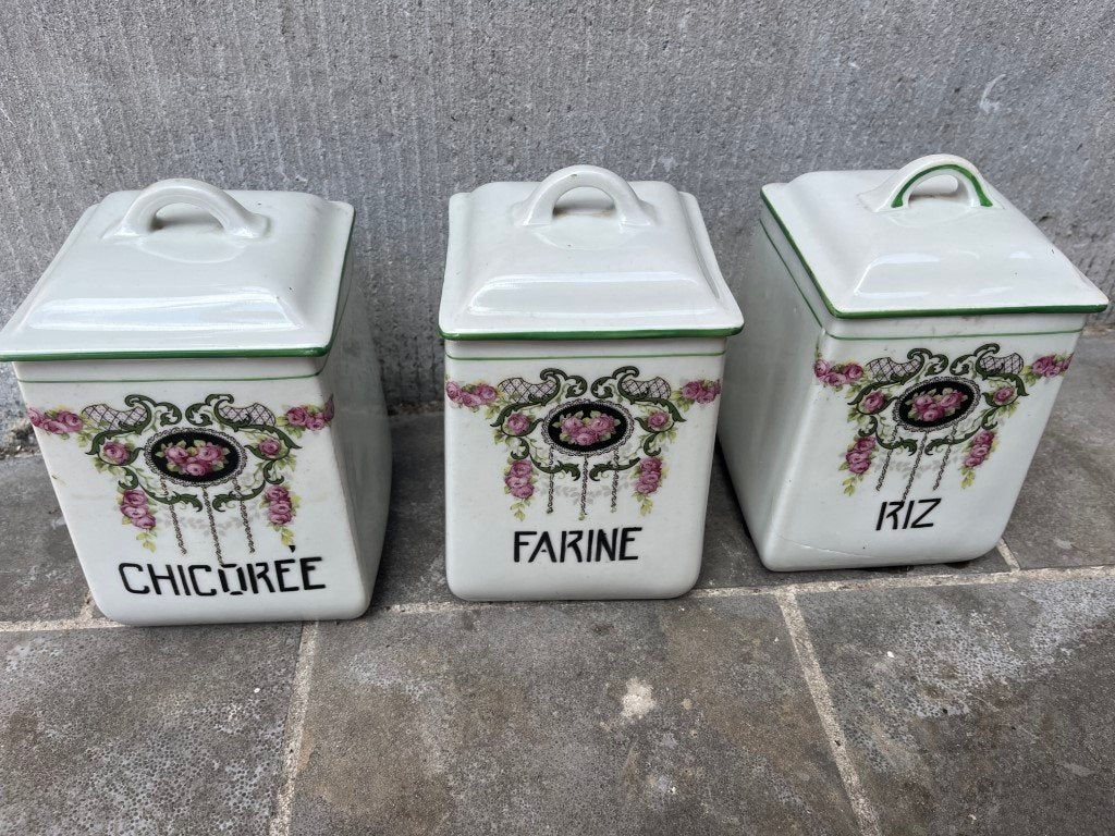 3 vintage voorraadpotten - rijst - bloem - chicorei, Antiek en Kunst, Antiek | Keukengerei, Ophalen of Verzenden