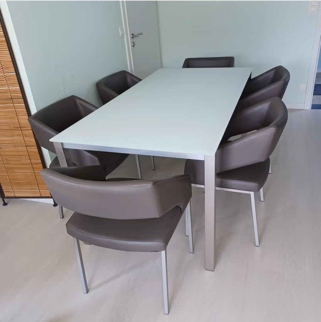 Tafel met 6 stoelen (taupe)   lichtgroen tafelblad, Huis en Inrichting, Ophalen, Glas, 50 tot 100 cm, Zo goed als nieuw
