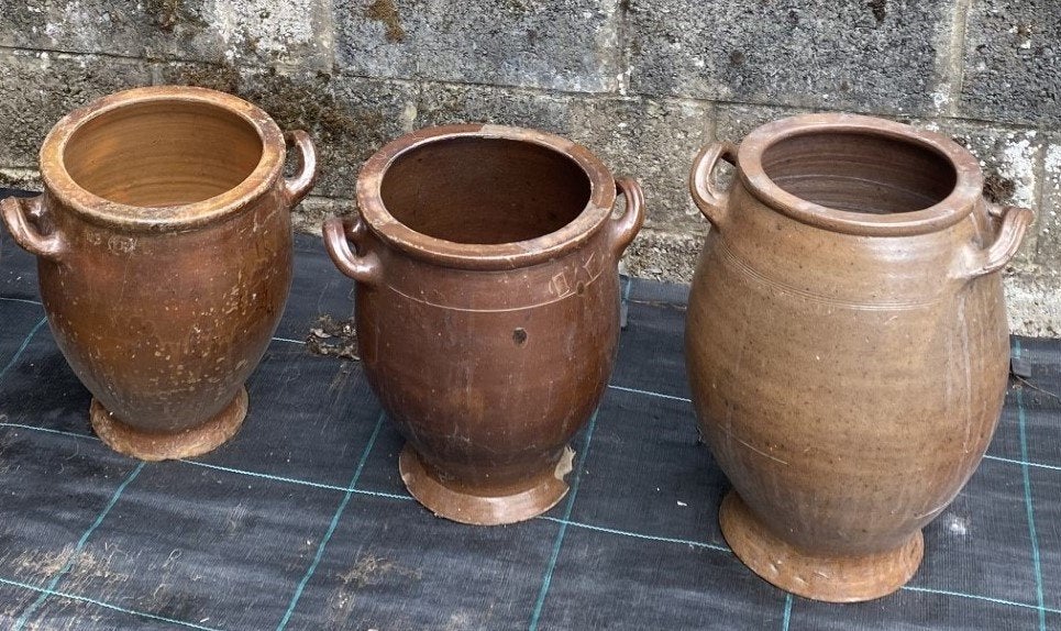 Set van 3 vintage potjes van steengoed in hun eigen sap, Tuin en Terras, Ophalen, Gebruikt, Aardewerk