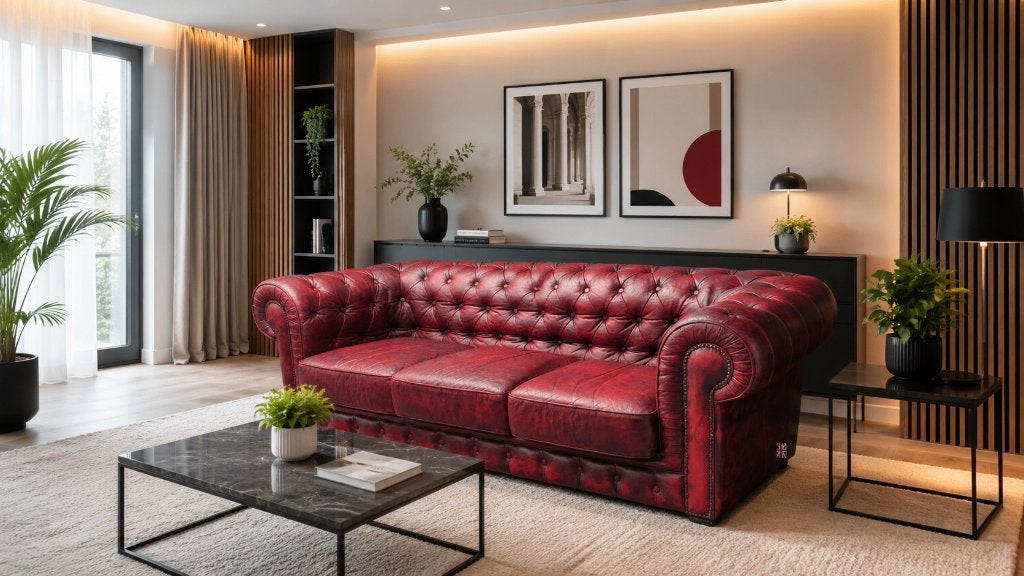 Engelse Chesterfield-bank, bordeauxrood lederen karakterstuk, Huis en Inrichting, Ophalen, Gebruikt, Leer