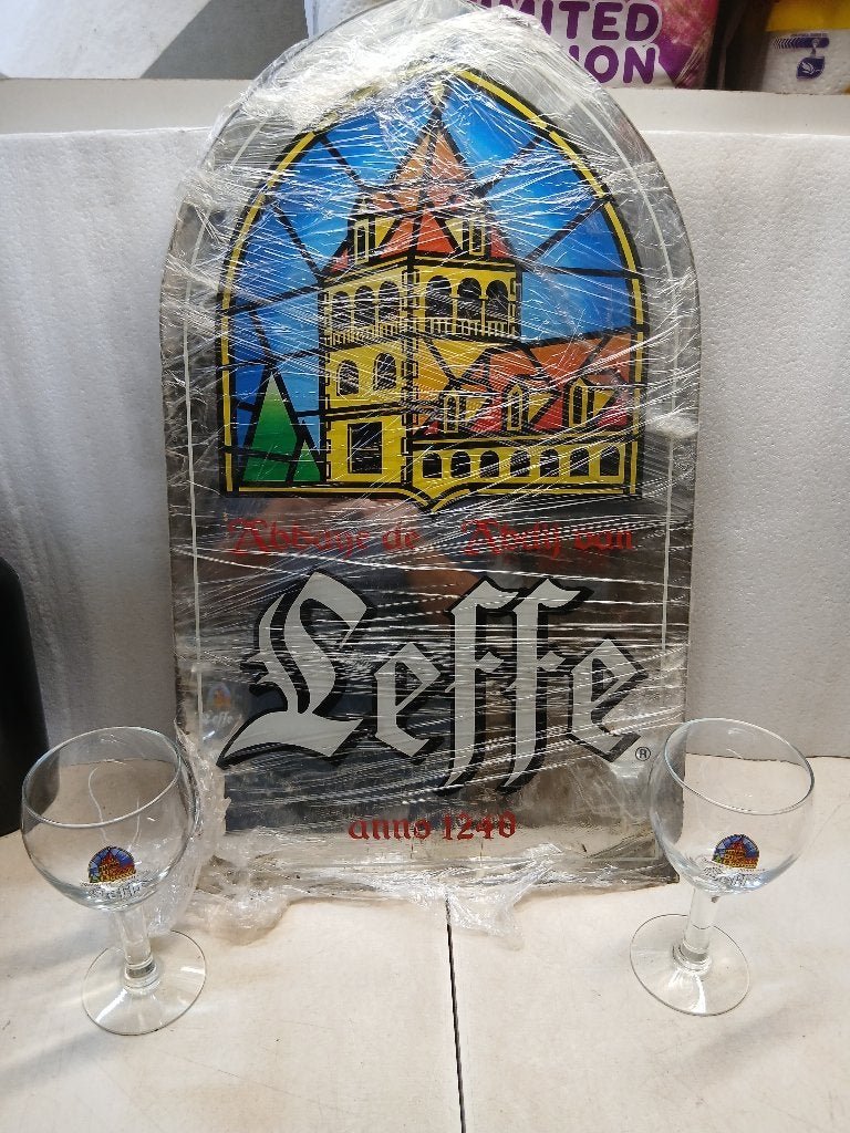 Magnifique miroir publicitaire Leffe+2 verres, Collections, Enlèvement ou Envoi, Utilisé, Panneau, Plaque ou Plaquette publicitaire