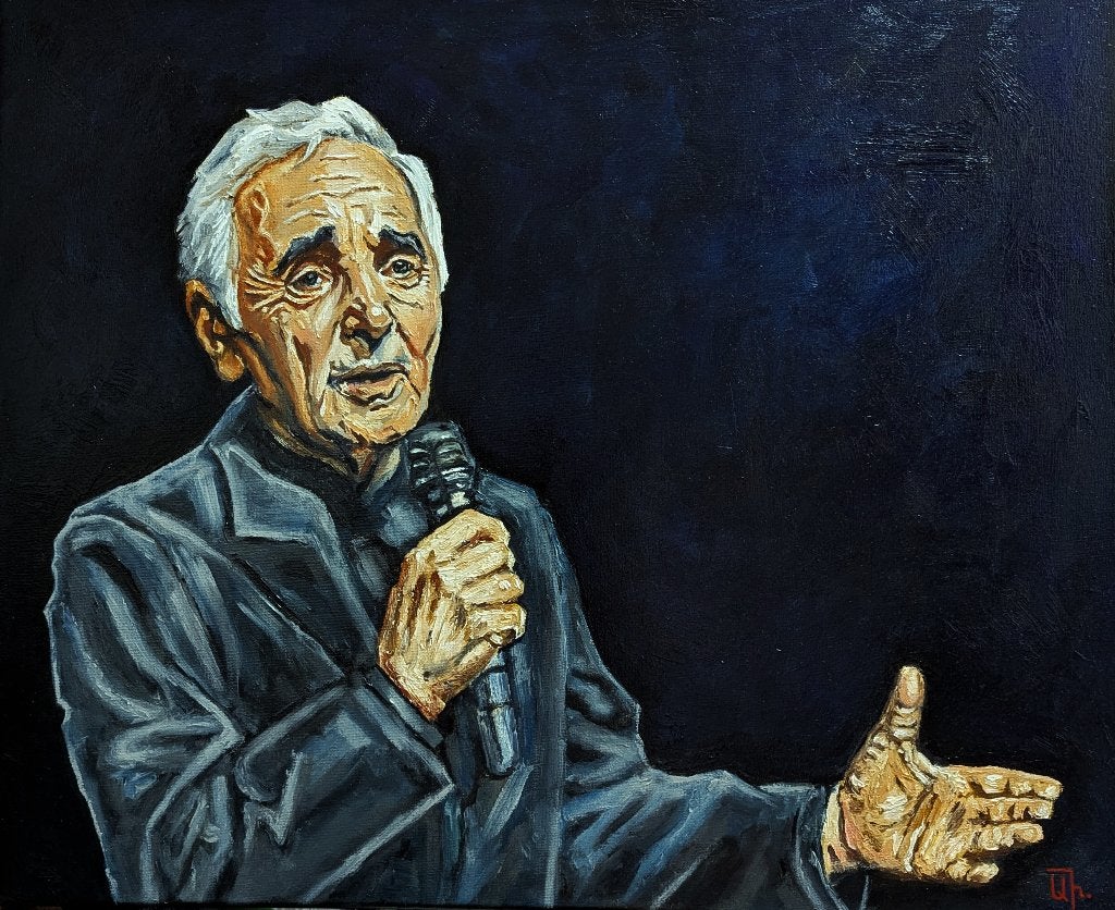 Charles Aznavour : La voix d'une époque, Textile, Peinture à l'huile, Portrait, Sur cadre en bois