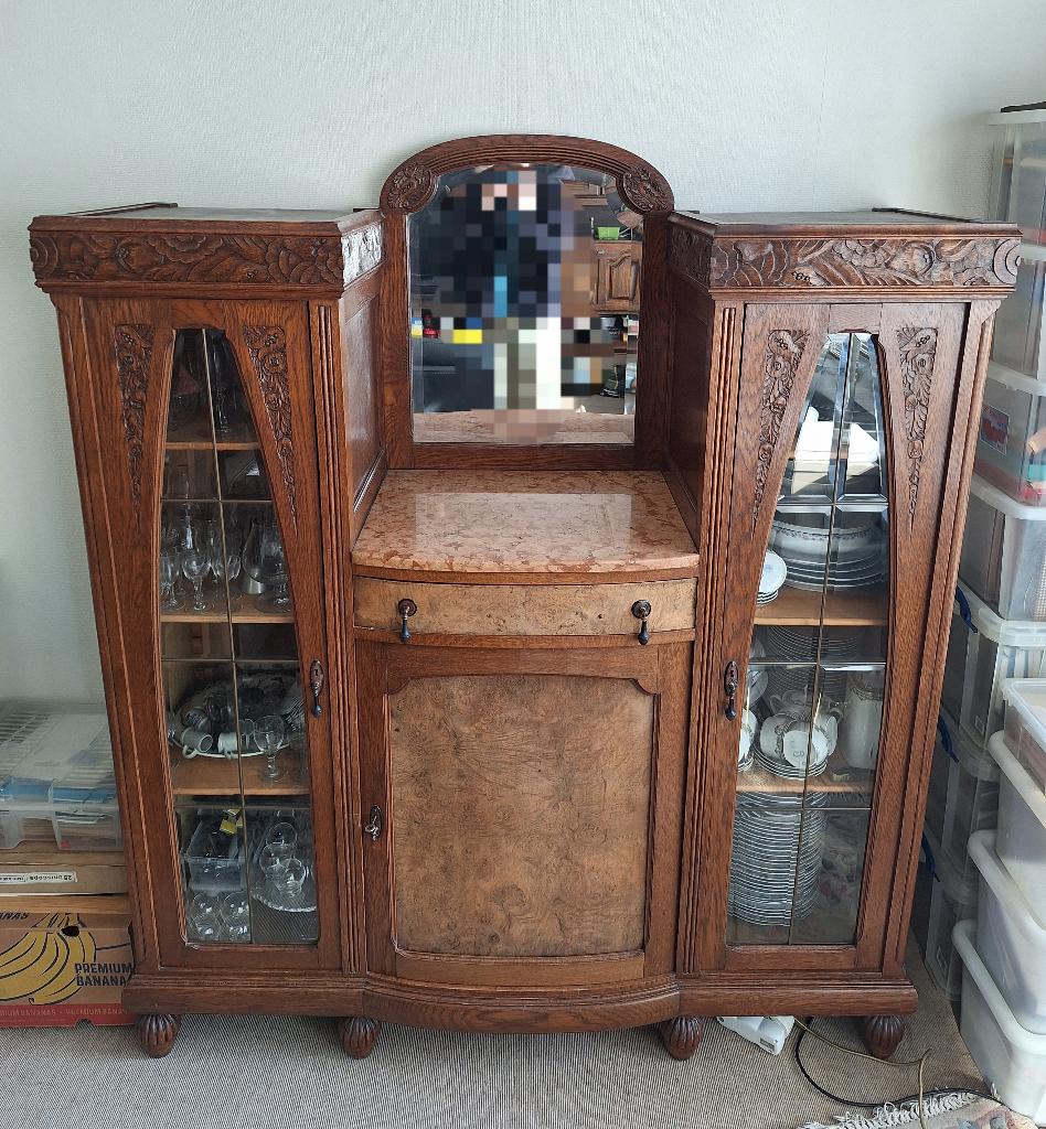 Art Deco buffetkast met vitrine, marmer en spiegel, Antiek en Kunst, Antiek | Meubels | Kasten, Ophalen