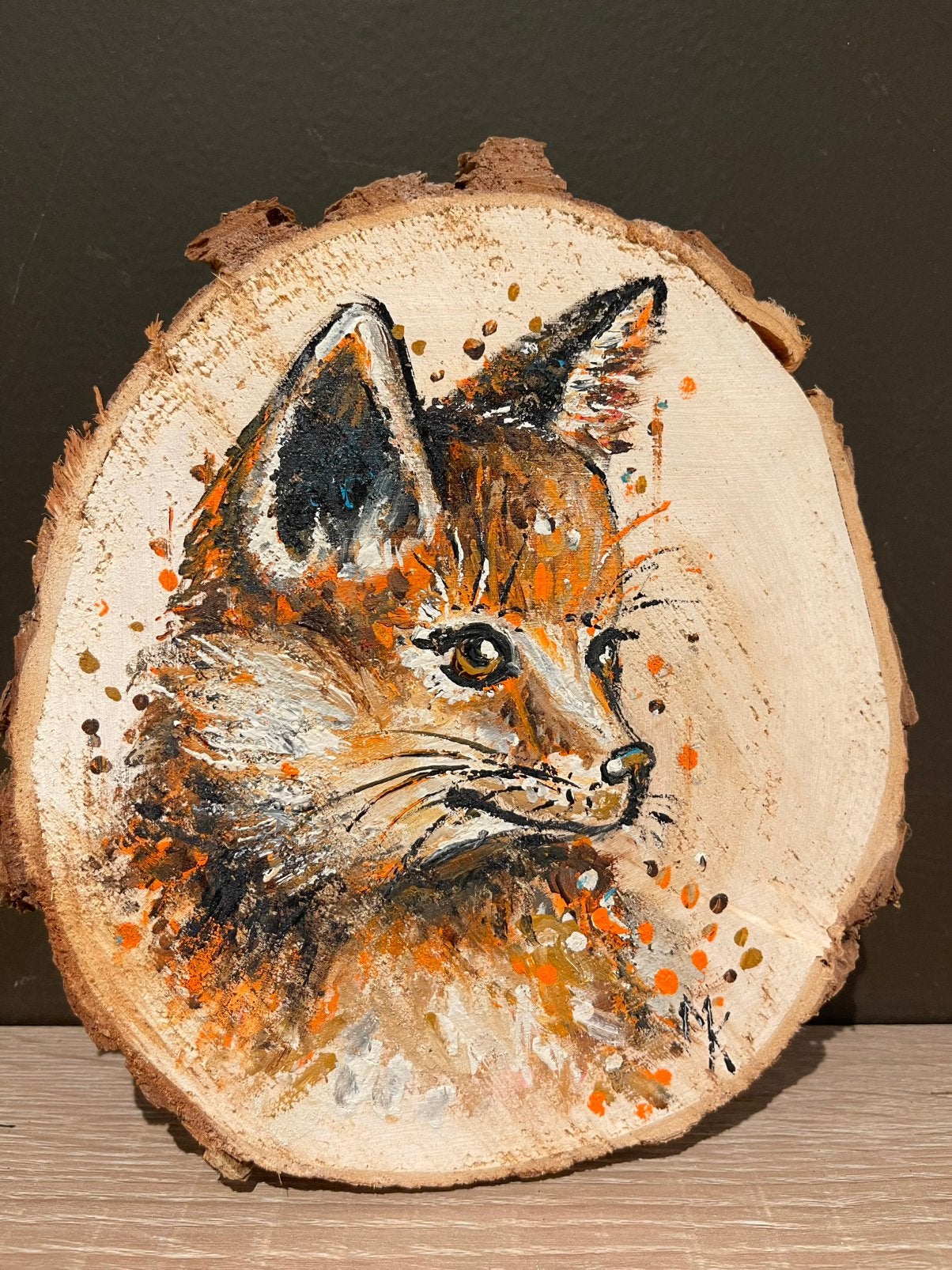 Schilderij op boomschijf vosje Mk Art, Antiek en Kunst, Acrylverf, Hout, Gelimiteerde oplage, Ophalen of Verzenden