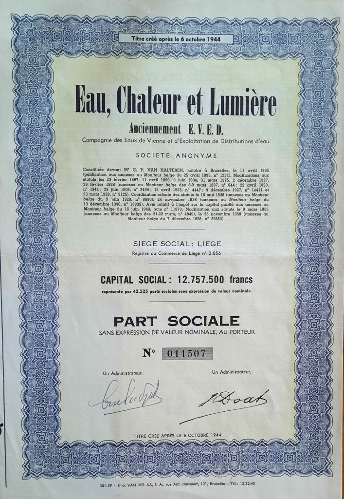 Eau, Chaleur et Luminière - Liège - part sociale - 1958, Timbres & Monnaies, Enlèvement ou Envoi, 1950 à 1970, Action