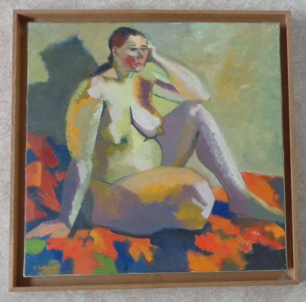 YOLANDE DELCOURT / PENSIVE / OLIEVERF DOEK / 66x66cm / KADER, Enlèvement ou Envoi, Signé, Peinture à l'huile