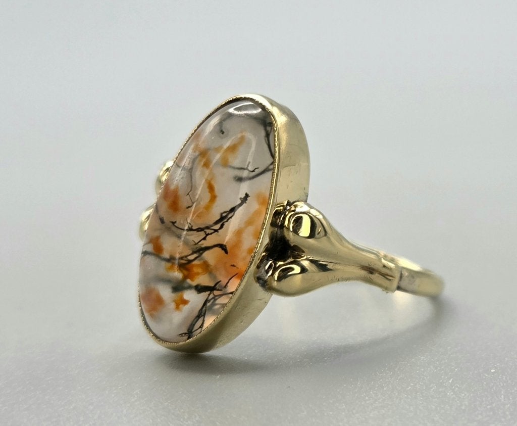Gouden Vintage ring met edelsteen mosagaat. 2026/599, Overige kleuren, Ophalen of Verzenden, Met edelsteen, Dame