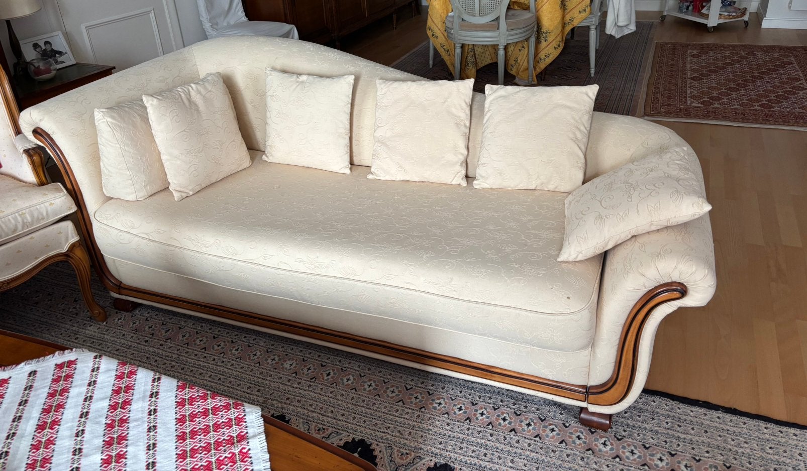 Canape lit meridienne tissu et merisier, Maison & Meubles, Canapés | Salons, 150 à 200 cm, Enlèvement, Utilisé, Classique