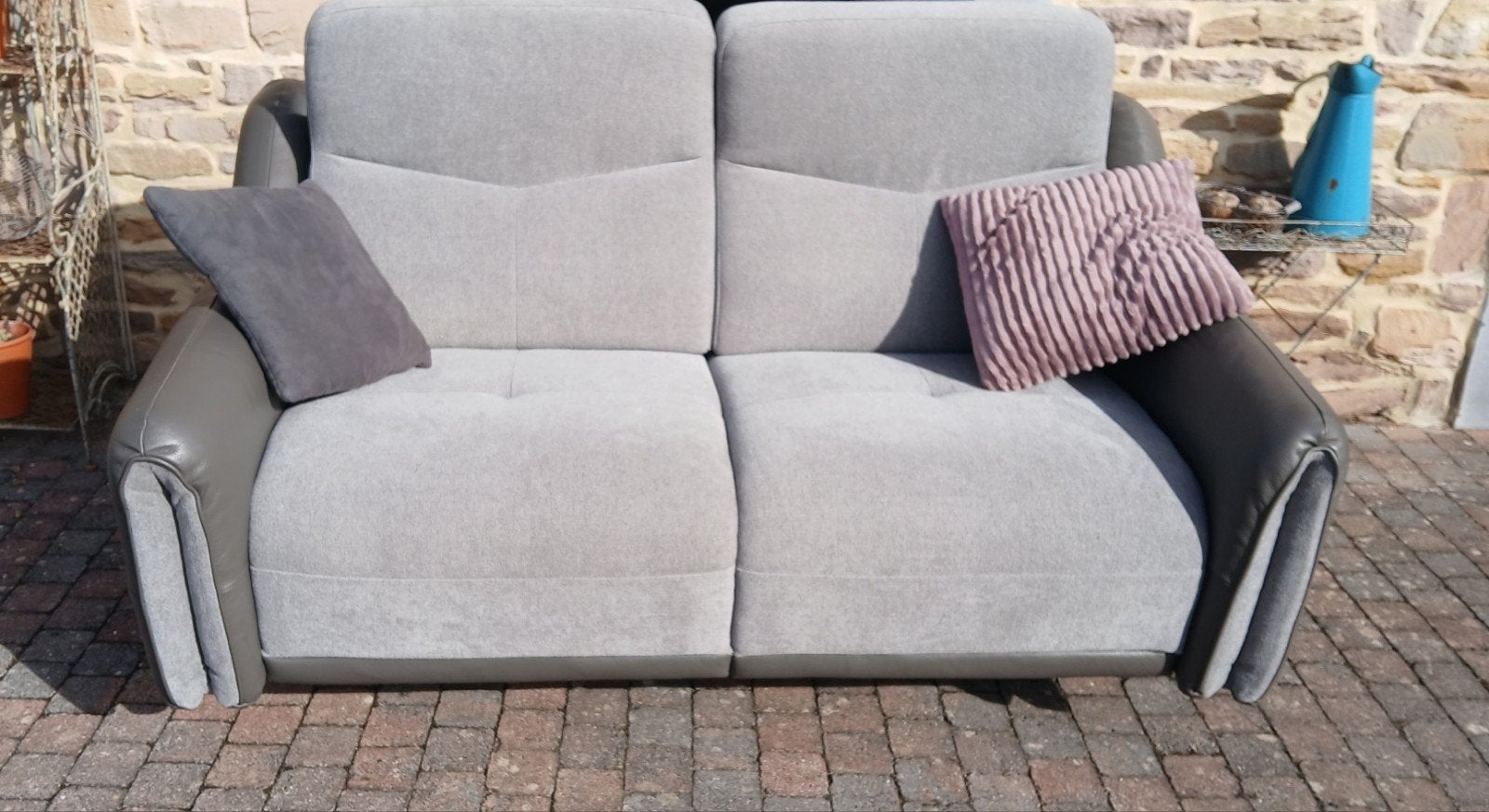 Salon 3+2 cuir et tissu avec 2 relaxs neuf, Ophalen, Leer