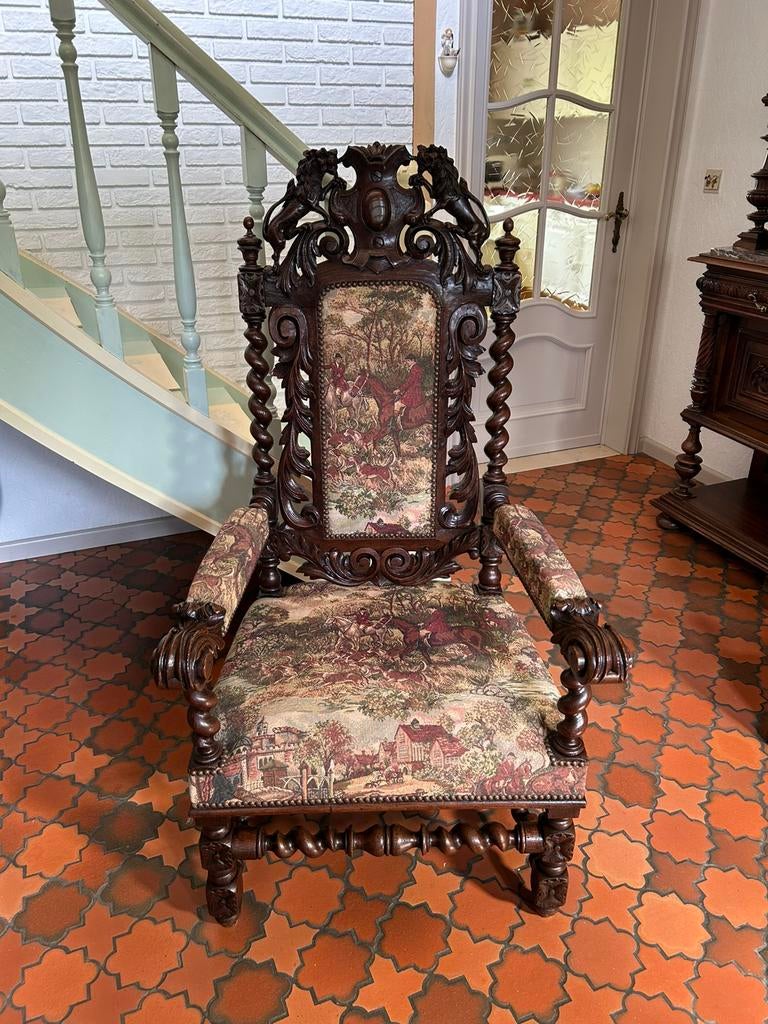 Antieke eiken fauteuil met jachttafereel / kasteelstoel, Antiek en Kunst, Ophalen