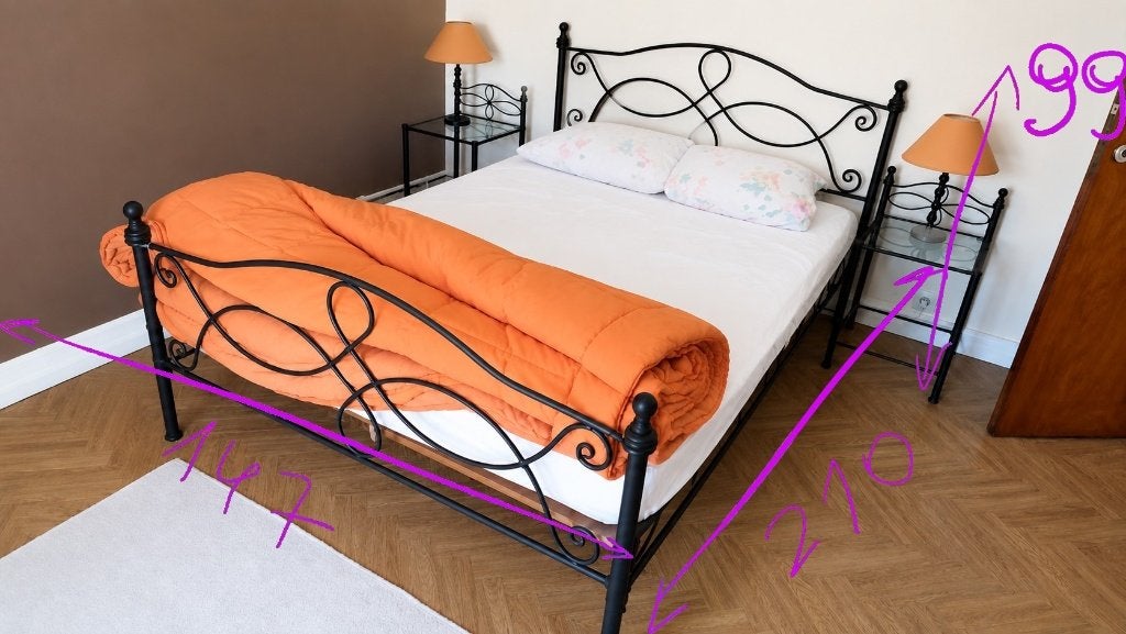 Metalen bed 147  210 cm met nachtkastjes - sierlijk design, Ophalen, 210 cm, Tweepersoons, 140 cm