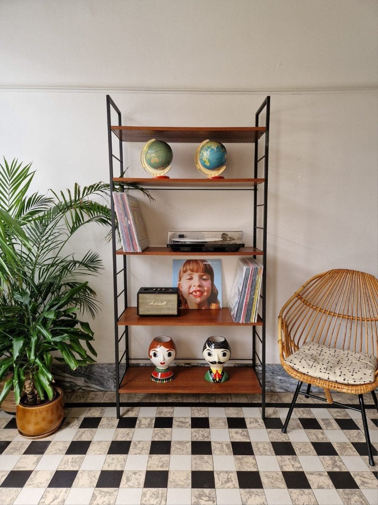 Vintage midcentury wandmeubel | boekenrek | kast, Ophalen, Met plank(en), Gebruikt, Teakhout