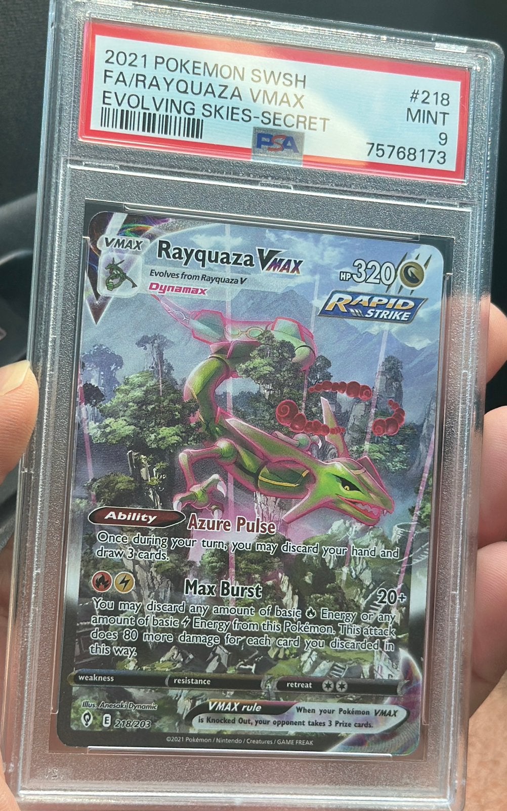 Rayquaza Vmax - Evolving Skies Secret - PSA 9, Ophalen of Verzenden, Zo goed als nieuw