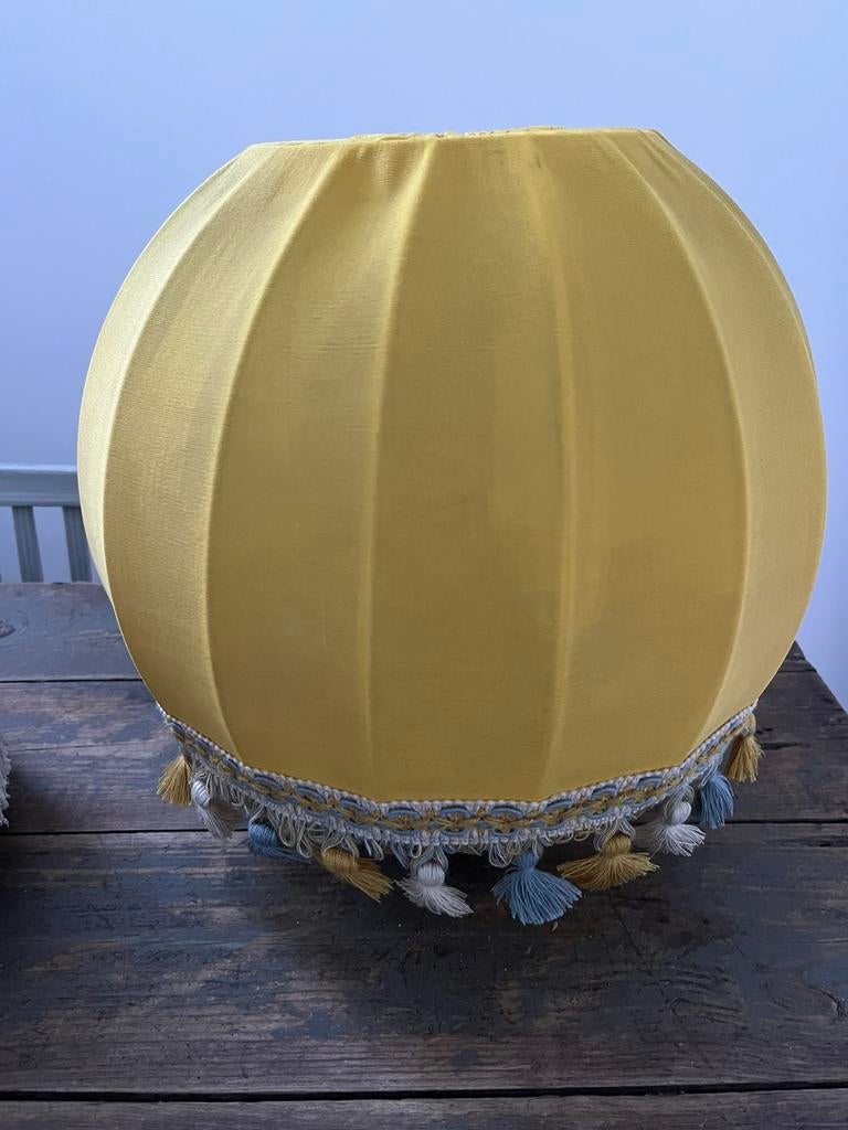 VINTAGE RETRO HANGLAMP LAMPENKAP STOF ROZE GEEL MOOIE VORM!, Ophalen of Verzenden, Gebruikt, Rond
