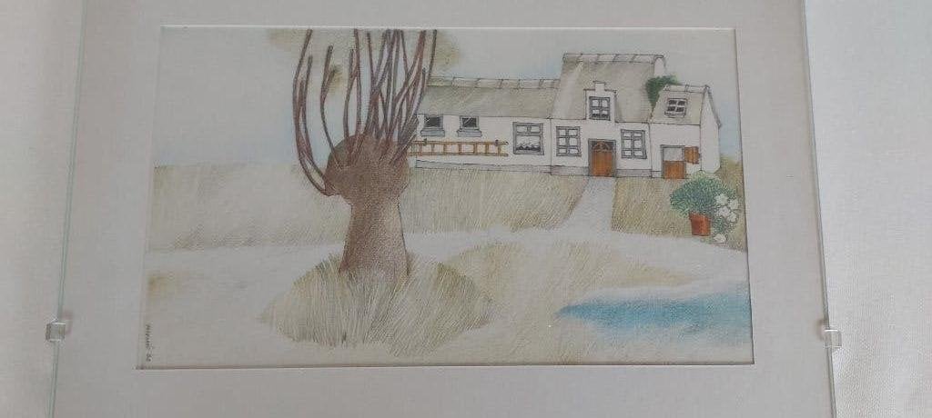 originele kleurentekening "boerderij met boom", '82, Envoi