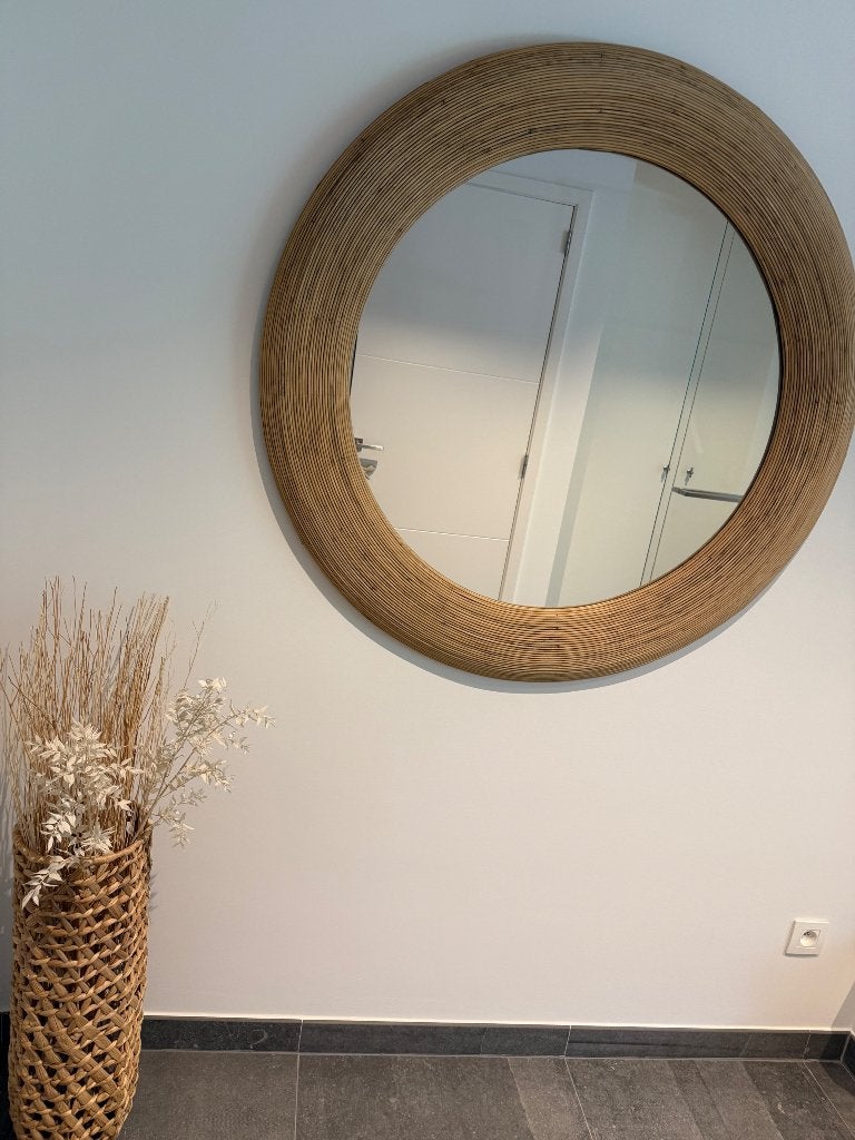 Spiegel rotan rond 109cm diameter, Huis en Inrichting, Ophalen, 100 tot 150 cm, Rond, Zo goed als nieuw