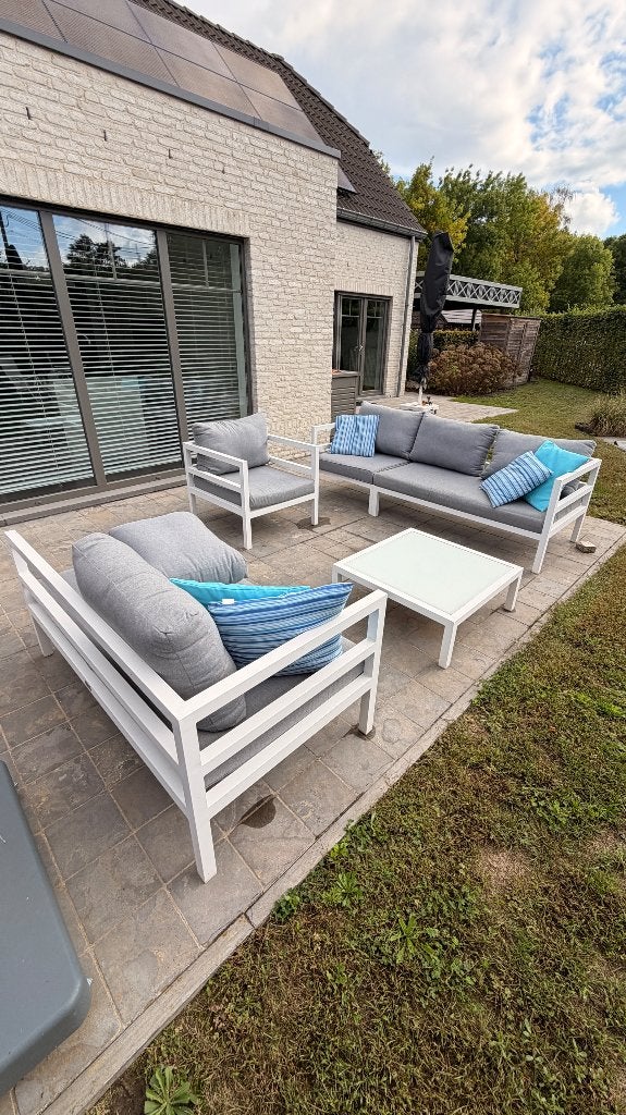 Lounge set met kussens en kussenbox, Tuin en Terras, Ophalen, 6 zitplaatsen, Aluminium, Zo goed als nieuw