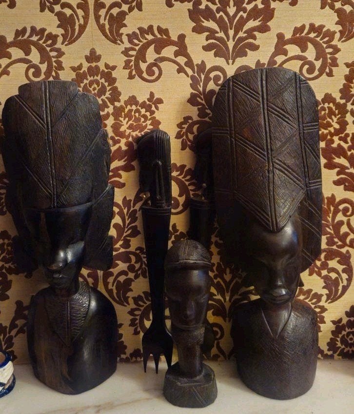 Afrikaans set houten borstbeelden Mangbetu-stijl, Marron, 35 cm, Enlèvement, Utilisé