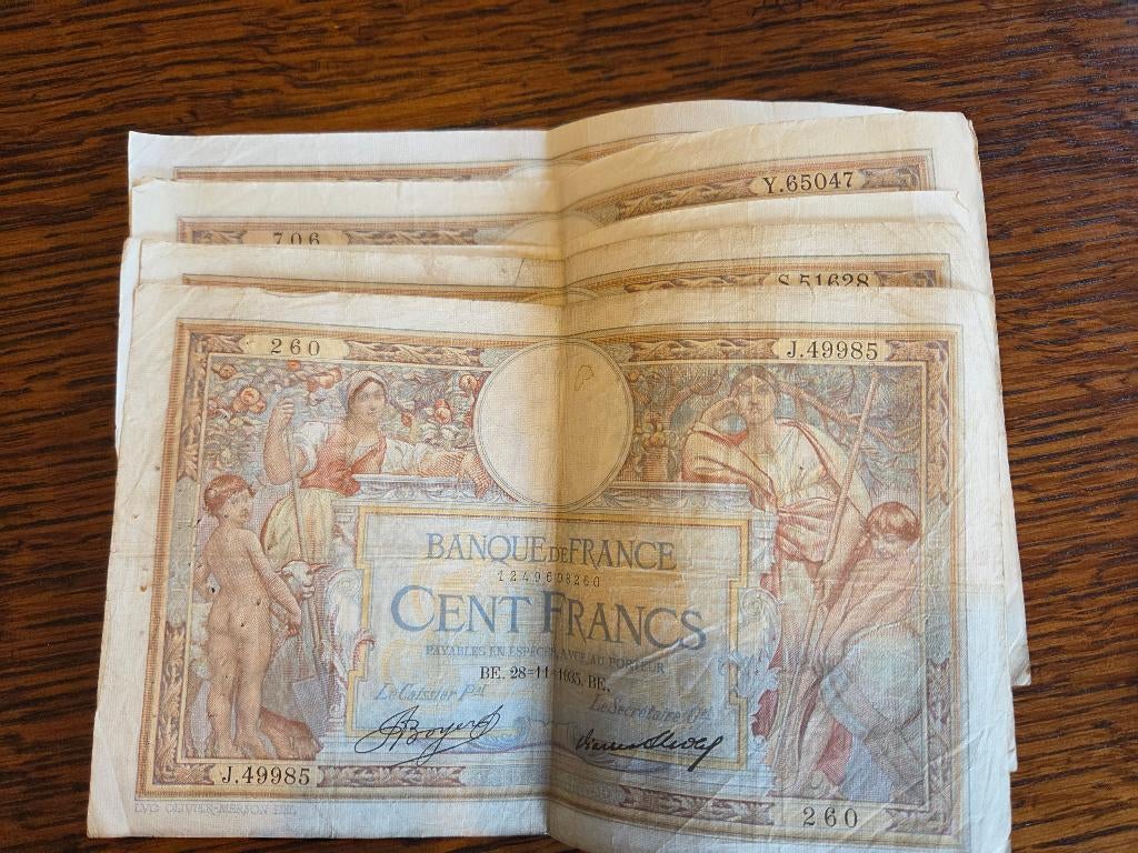 6 oude Franse bankbiljetten CENT FRANCS, Enlèvement, France, Série