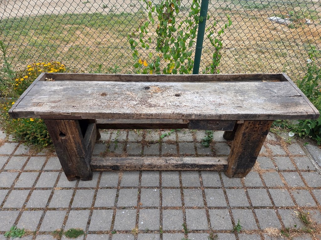 Oude stevige massieve houten werkbank, Bricolage & Construction, Établis, Enlèvement, Utilisé, 170 cm ou plus