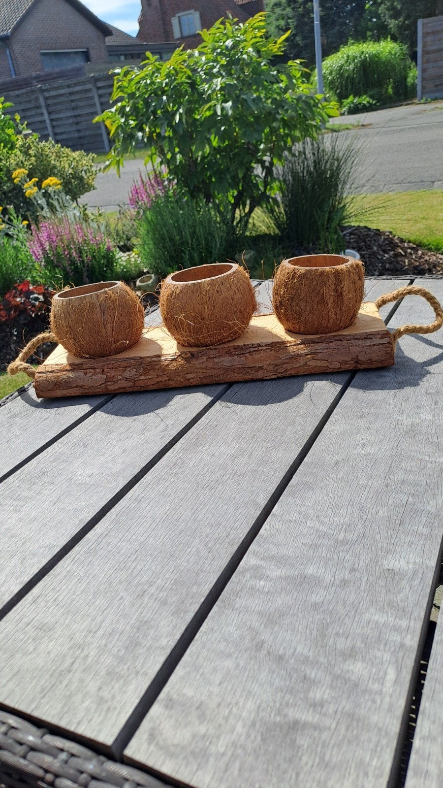 Houten plank met 3 potjes, Tuin en Terras, Ophalen