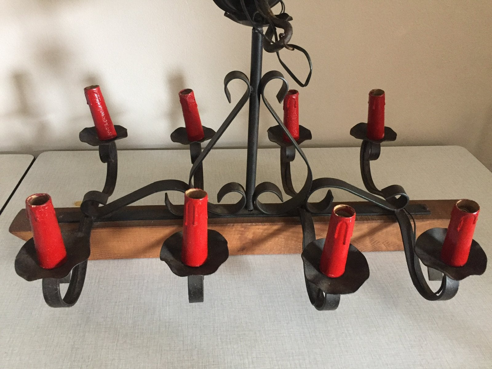 Rustieke kroonluchter massief eikenhout&smeedijzer 8 lampen., Ophalen