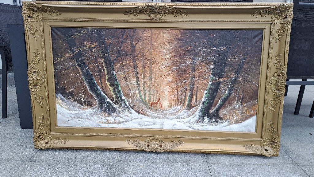 handgeschilderd wintertafereel van Baert met herten, Antiquités & Art, Enlèvement, Vintage, Peint à la main, Paysage