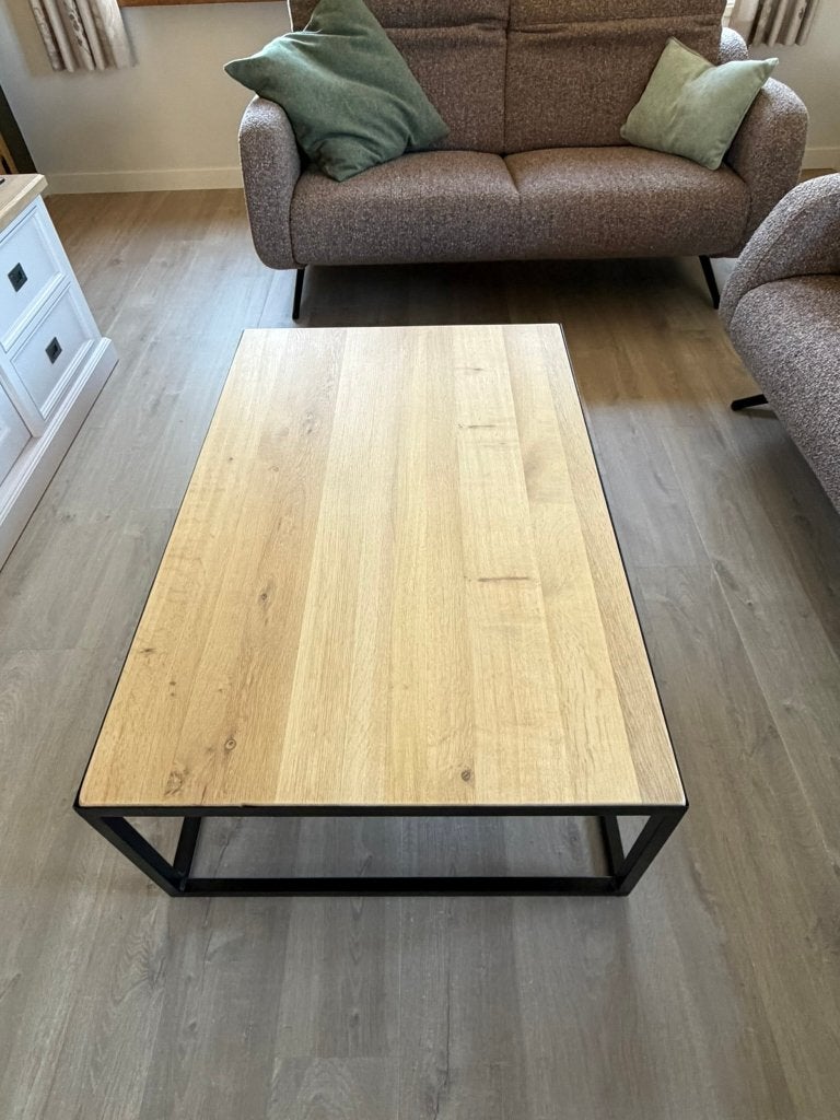 salontafel met eiken blad, Maison & Meubles, Tables | Tables de salon, 100 à 150 cm, Chêne, Comme neuf, Enlèvement