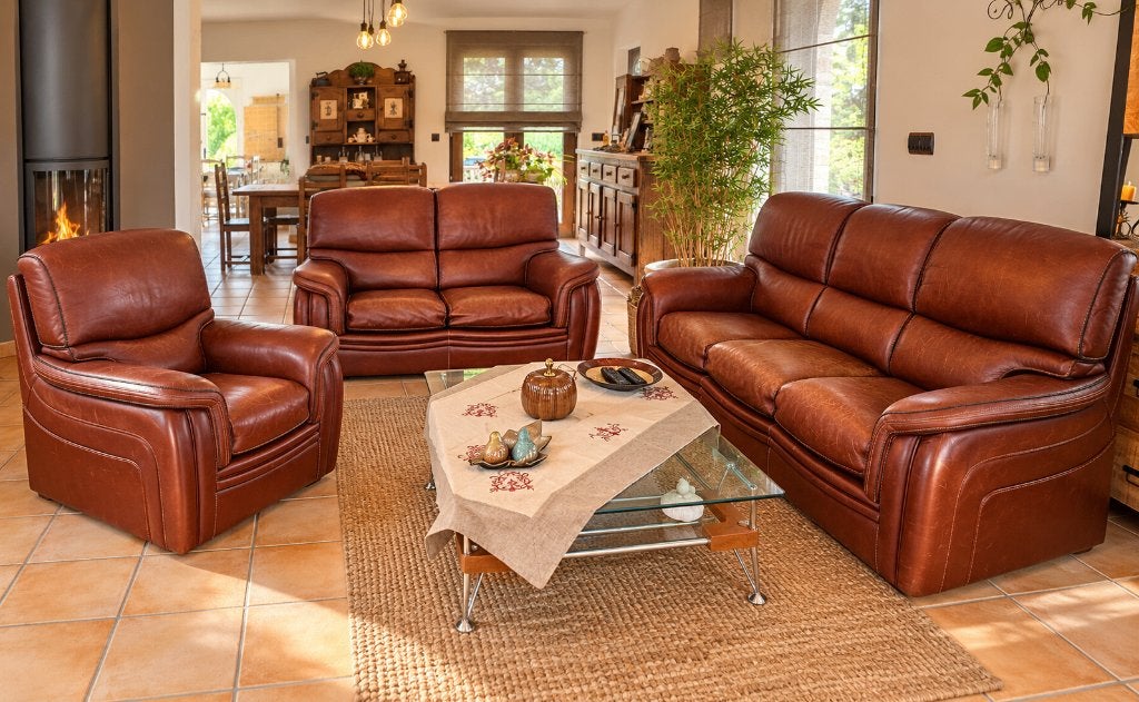 Volledige lounge in cognacbruin leer — 3+2+1 zitplaatsen, Huis en Inrichting, Ophalen, Gebruikt, 100 tot 125 cm, 150 tot 200 cm