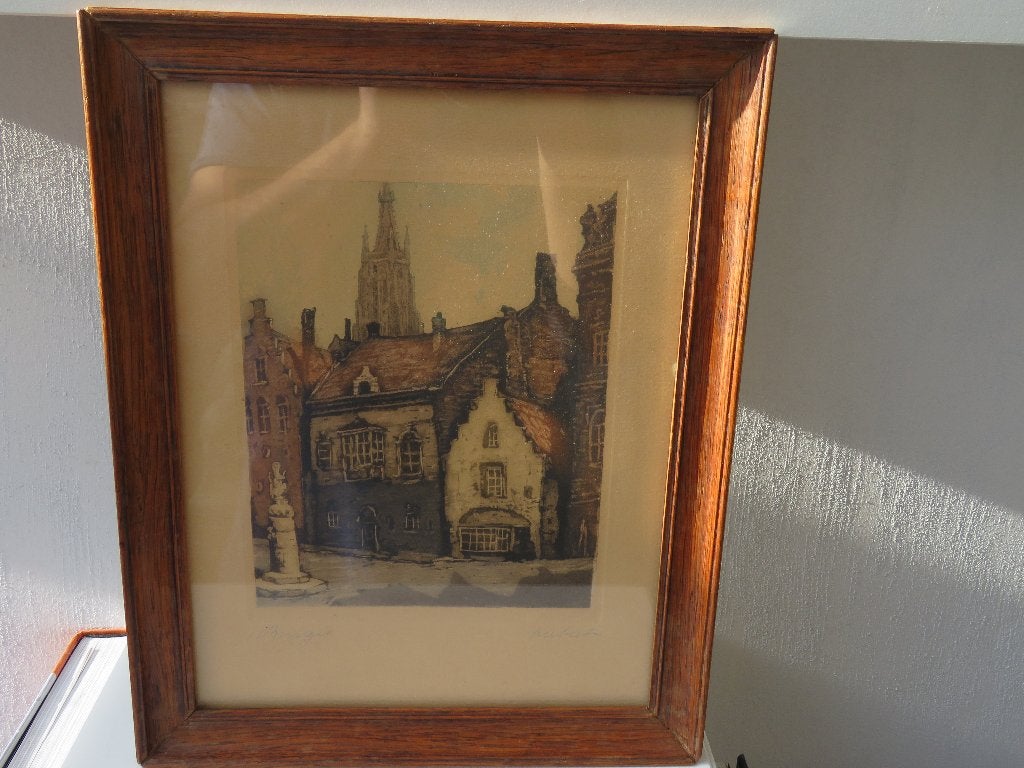 Ets kleur Brugge Hubert ca 1950-60, Enlèvement ou Envoi, Eau-forte, Signé