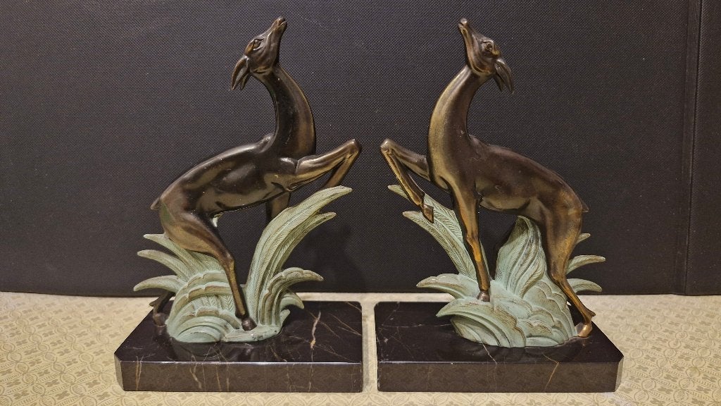Paire de serre-livre Art Déco en régule sur socle de marbre, Enlèvement ou Envoi