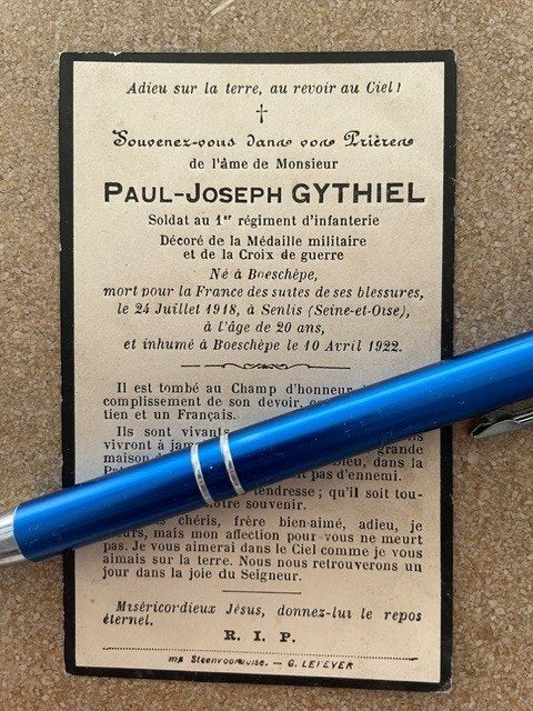 14-18Soldaat 1* Infant Reg. GYTHIEL Boeschepe en+ Senlis1918, Verzamelen, Bidprentjes en Rouwkaarten, Ophalen of Verzenden, Bidprentje