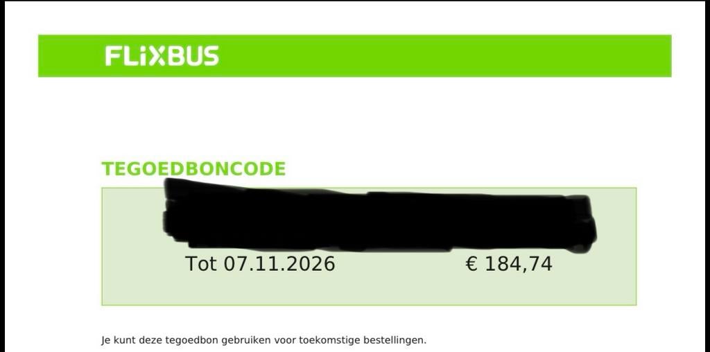 Voucher Flixbus waarde €184,74, Tickets en Kaartjes, Eén persoon, Bus, Metro of Tram, Algemeen kaartje