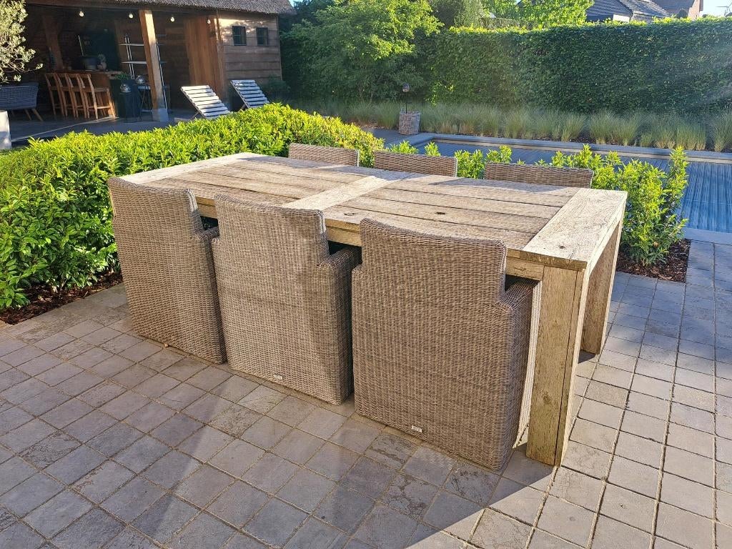 buitentafel met stoelen en kussens te koop voor 150 EUR, Ophalen, Gebruikt, Rechthoekig, Hout